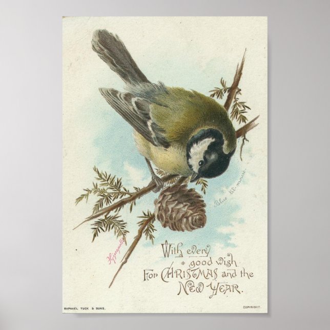 Póster Pájaro y pinecona vintage, Navidades (Frente)