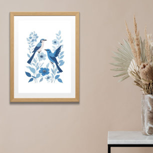 Póster Pájaros Azules Blancos y Flores Florales Acuarela 