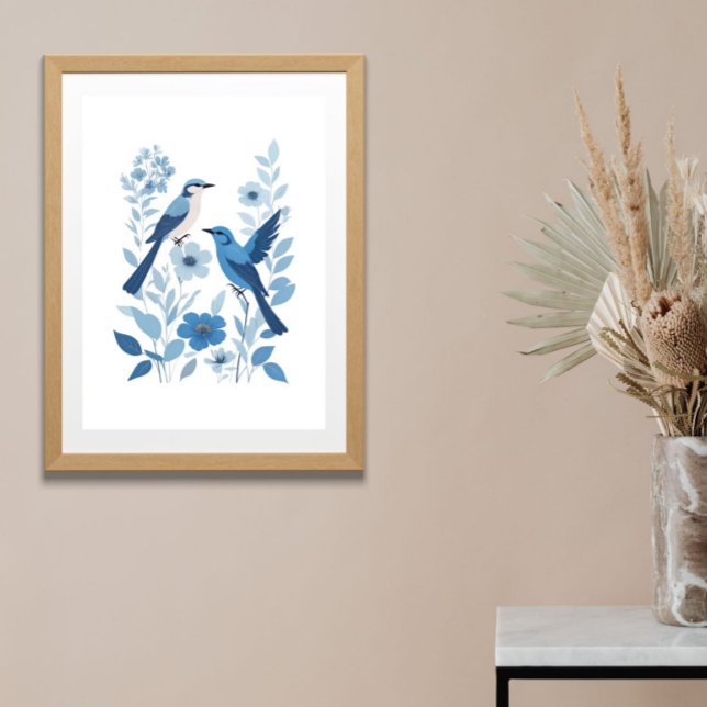 Póster Pájaros Azules Blancos y Flores Florales Acuarela  (Blue Birds and Flowers Watercolor Blue White Floral Botanical Nature Wall Art Poster Print)