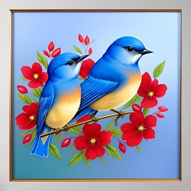 Póster Pájaros Azules Coloridos En Las Flores Rojas (Frente)