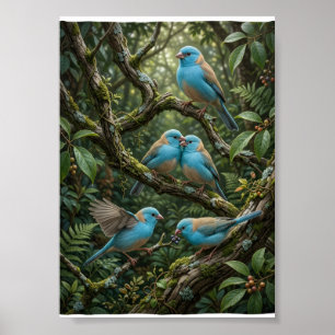 Póster Pájaros Azules En Árboles Del Bosque Lujurioso Bot