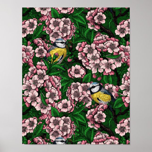 Póster Pájaros azules en el floreciente cerezo en verde (Frente)