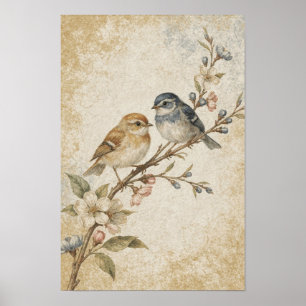 Póster Pájaros cantores en una rama florecida en ocre e í