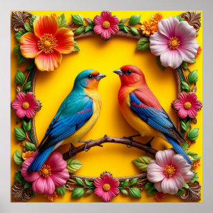 Póster Pájaros Cantores Vibrantes Rodeados de Marco Flora