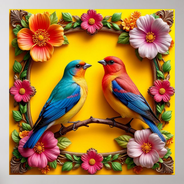 Póster Pájaros Cantores Vibrantes Rodeados de Marco Flora (Frente)