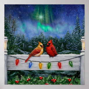 Póster Pájaros Cardenales y Luces de Navidad