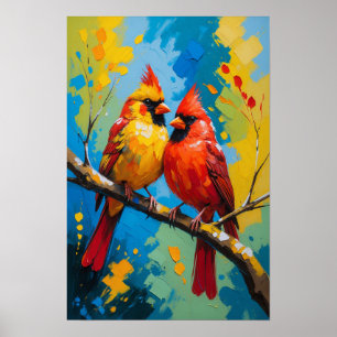 Póster Pájaros Cardinales Brillantes Posados en Rama Colo