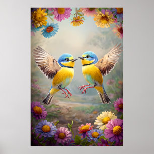 Póster Pájaros coloridos en flor - Poster floral de prima