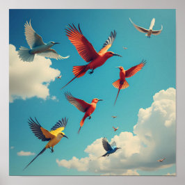 Póster Pájaros coloridos en un cielo azul