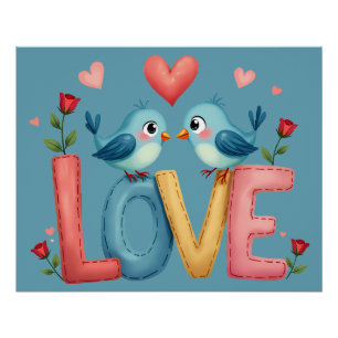 Póster Pájaros de Amor Caprichosos Arte Pastel Cottagecor