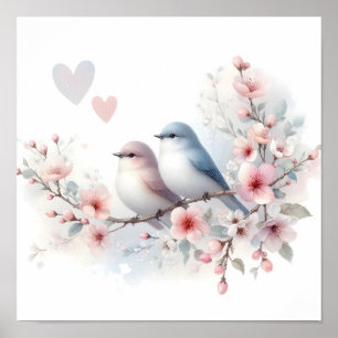 Póster Pájaros de amor de primavera Flor de cerezo floral
