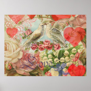 Póster Pájaros de Amor Vintage Antiguo Corazón