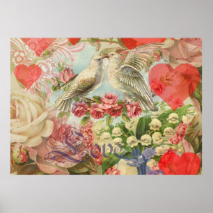 Póster Pájaros de Amor Vintage Antiguo Corazón