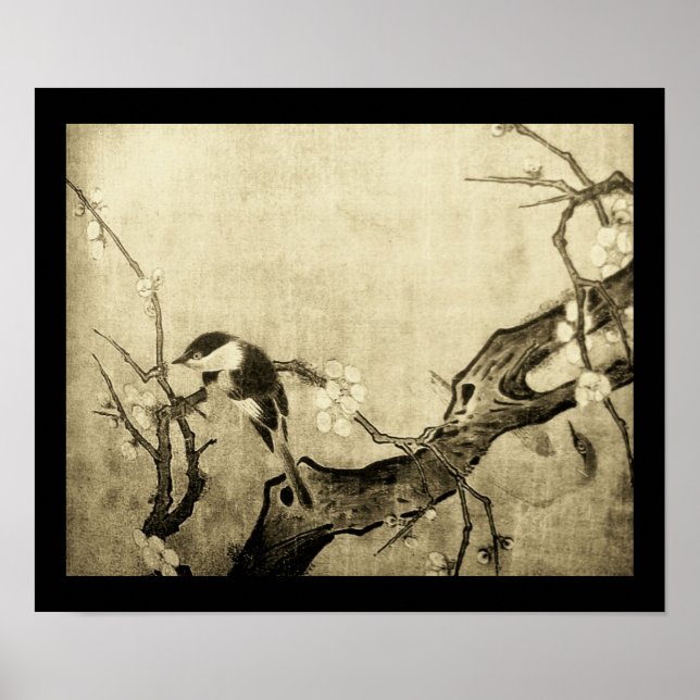 Póster PÁJAROS DE PRIMAVERA Y ÁRBOL DE FLORES Sepia marró (Frente)