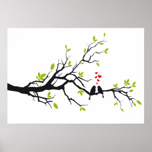Póster Pájaros en amor con los corazones rojos en árbol