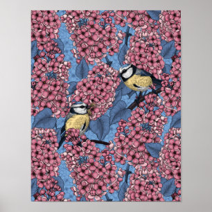Póster Pájaros en el jardín de lilas