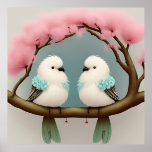 Póster Pájaros en una rama de cerezo en flor