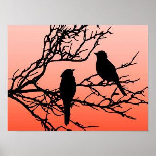 Póster Pájaros en una rama, negra contra el naranja de la