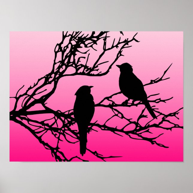 Póster Pájaros en una rama, negros contra el rosa del alb (Frente)
