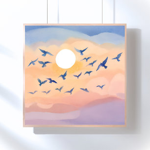 Póster Pájaros en Vuelo Acuarela de Naturaleza Atardece
