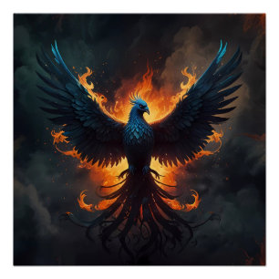 Póster Pájaros Fénix en pie con llamas