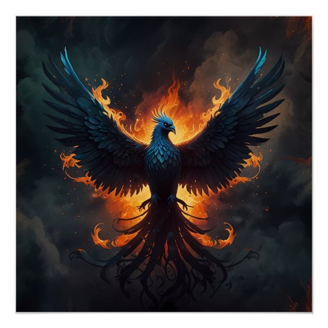 Póster Pájaros Fénix en pie con llamas (Anverso)