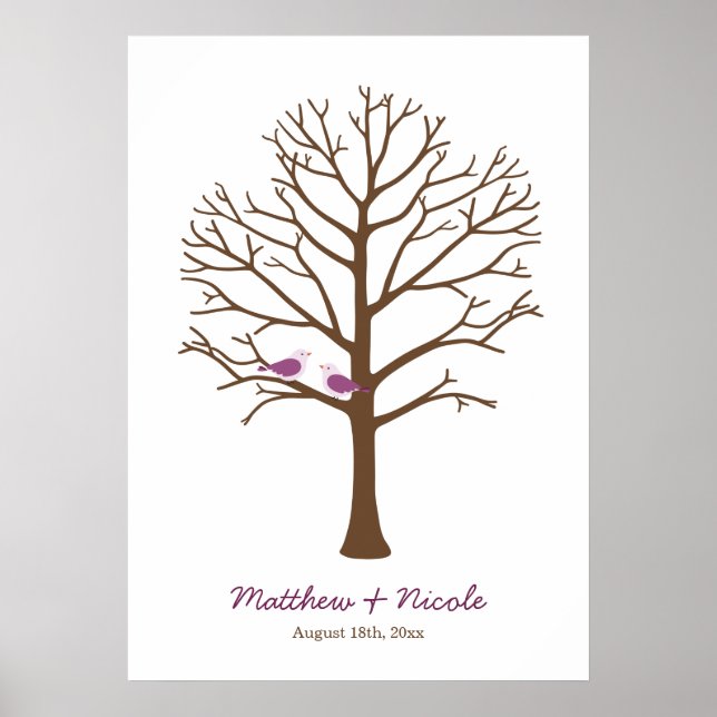 Póster Pájaros morados Boda de árbol de huellas digitales (Frente)