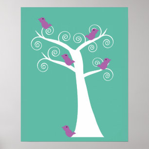 Póster Pájaros Morados Lindos en un Árbol