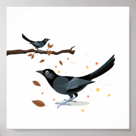 Póster Pájaros negros ilustrados en otoño