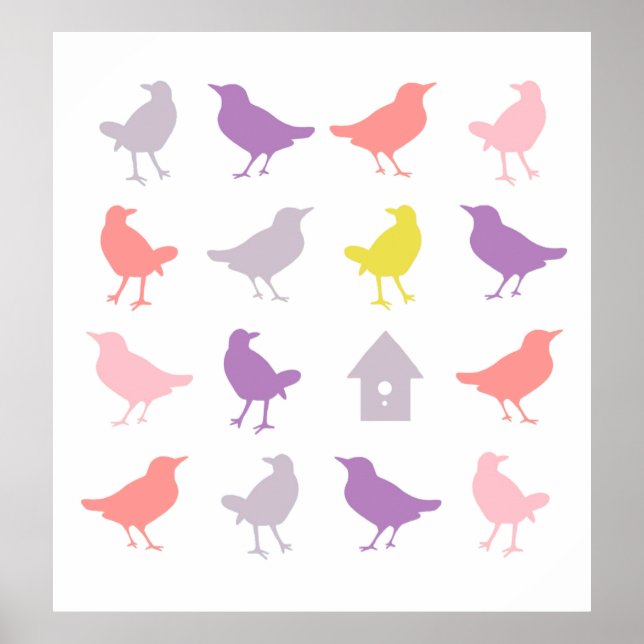 Póster Pájaros pastel rosa y púrpura con casa de pájaros (Frente)
