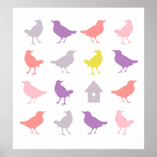 Póster Pájaros pastel rosa y púrpura con pajarera