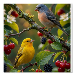 Póster Pájaros Pequeños y Lindos Con Bayas Rojas En La Na