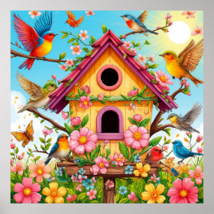 Póster Pájaros posados alrededor de una casa para pájaros
