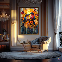 Póster Pájaros queridos en un atardecer de cristal mancha