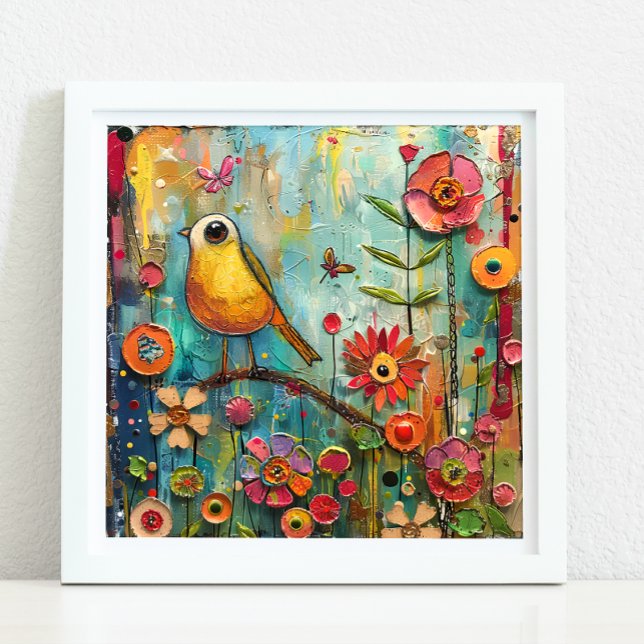 PÓSTER PÁJAROS QUIRKY EN EL JARDÍN (QUIRKY BIRD IN GARDEN POSTER)