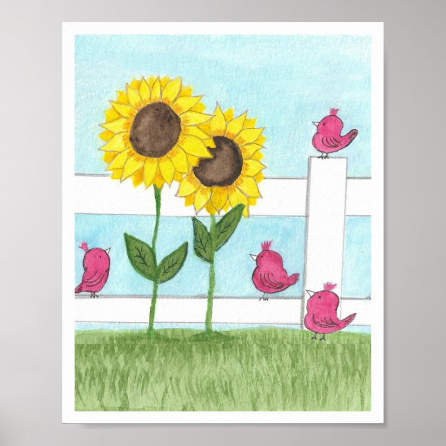 Póster Pájaros rosados y girasoles (Frente)