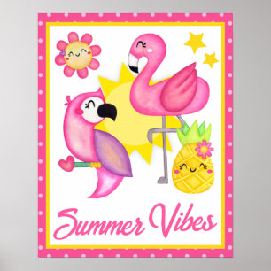 Póster Pájaros tropicales de verano en acuarela rosa y am