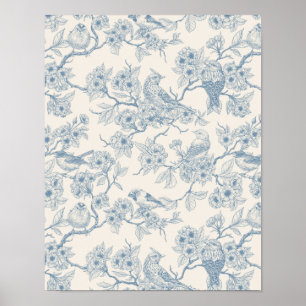 Póster Pájaros y flor de cerezo en azul y blanco apagado