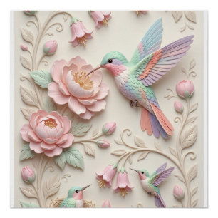 Póster Pájaros y flores tallados en rosa suave en patrón