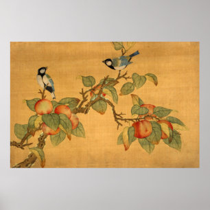 Póster Pájaros y frutas chinos orientales