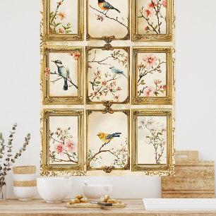 Póster Pájaros y ramas florecidas (cerezo o melocotón