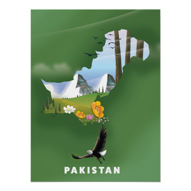 Póster Pakistán ilustró un mapa de viajes. (Anverso)