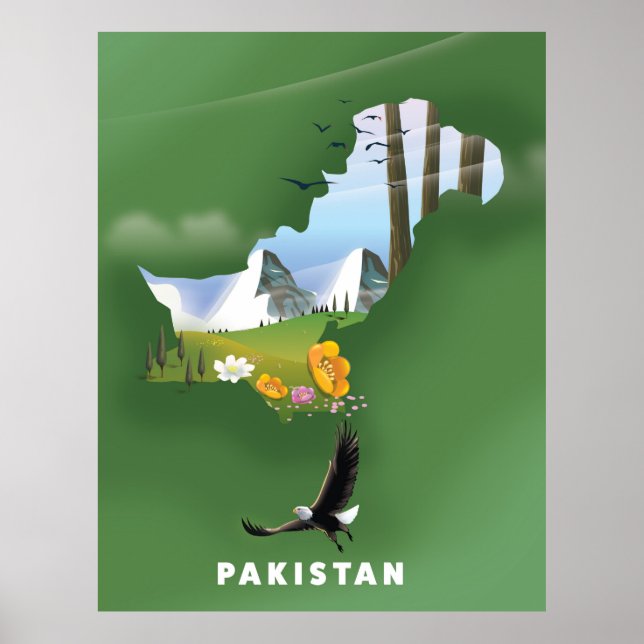 Póster Pakistán ilustró un mapa de viajes. (Frente)