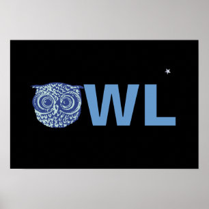 Póster palabra de búho azul nocturno