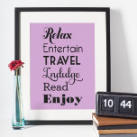 Póster Palabras inspiradoras de jubilación | Tipografía n<br><div class="desc">Regalo de retiro diseño de la pared de arte poster de la impresión de diseño de la impresión incluye palabras que deletrean RETIRE en un elegante tipo negro: "Relax, Entertain, Travel, Indulge, Read, Enjoy" con el texto "Te deseamos un retiro muy feliz". Utilice la función "personalizar it" para cambiar el...</div>