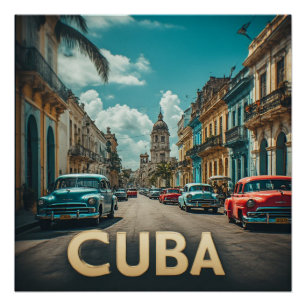 Póster Palacio Cubano junto al mar al atardecer con palme