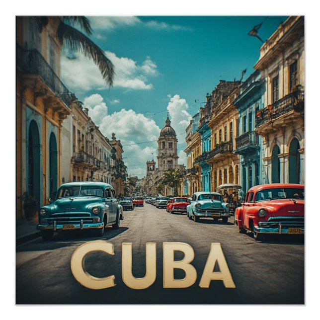 Póster Palacio Cubano junto al mar al atardecer con palme (Anverso)