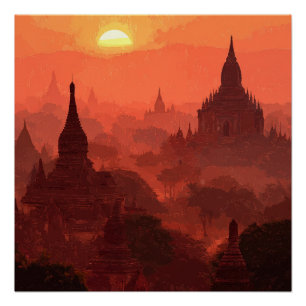 Póster Palacio de Bagan Myanmar bajo vibrante puesta de s