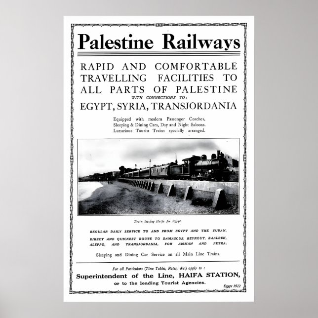 Póster Palestine Railways Estación de Haifa Viajes (Frente)