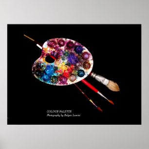 PÓSTER PALETA DE COLOR DEL ARTISTA Y PINCELAS EN NEGRO